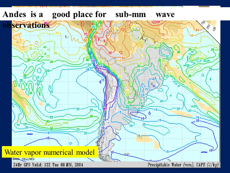 Water vapor numerical model Andes is a good place for sub-mm wave observations