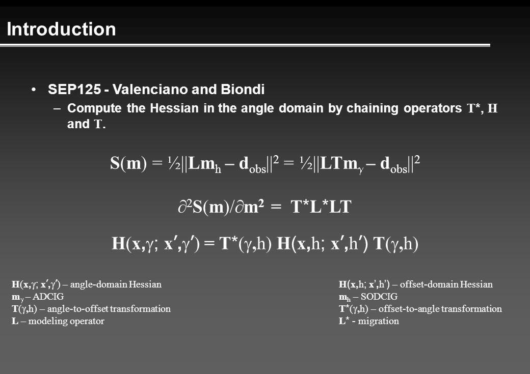 Introduction SEP125 - Valenciano and Biondi –Compute the Hessian in the angle domain by chaining operators T *, H and T.