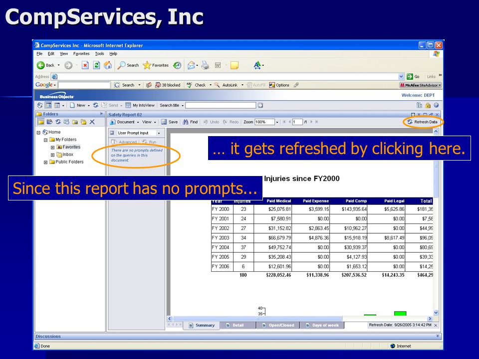 CompServices, Inc Since this report has no prompts... … it gets refreshed by clicking here.