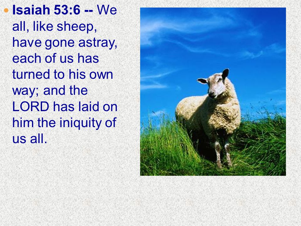 Isaiah 53:6 -- We all, like sheep, have gone astray, each of us has turned to his own way; and the LORD has laid on him the iniquity of us all.