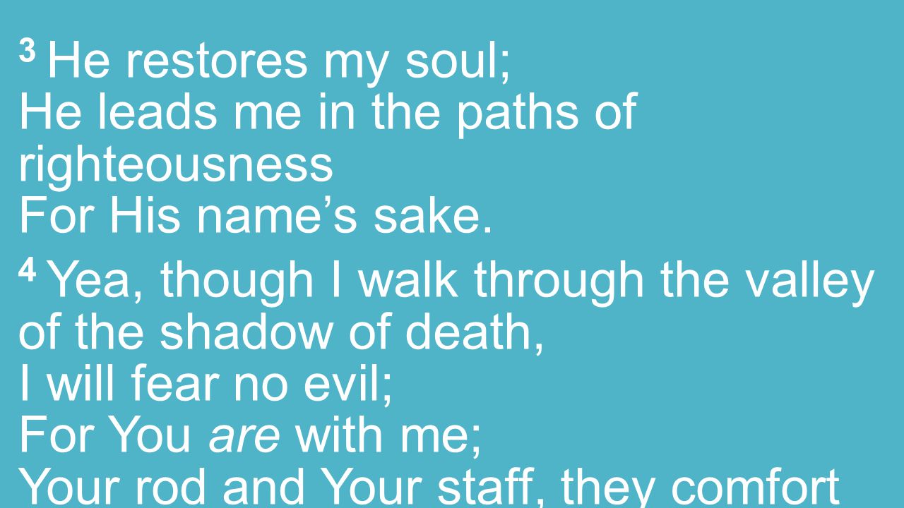 3 He restores my soul; He leads me in the paths of righteousness For His name’s sake.