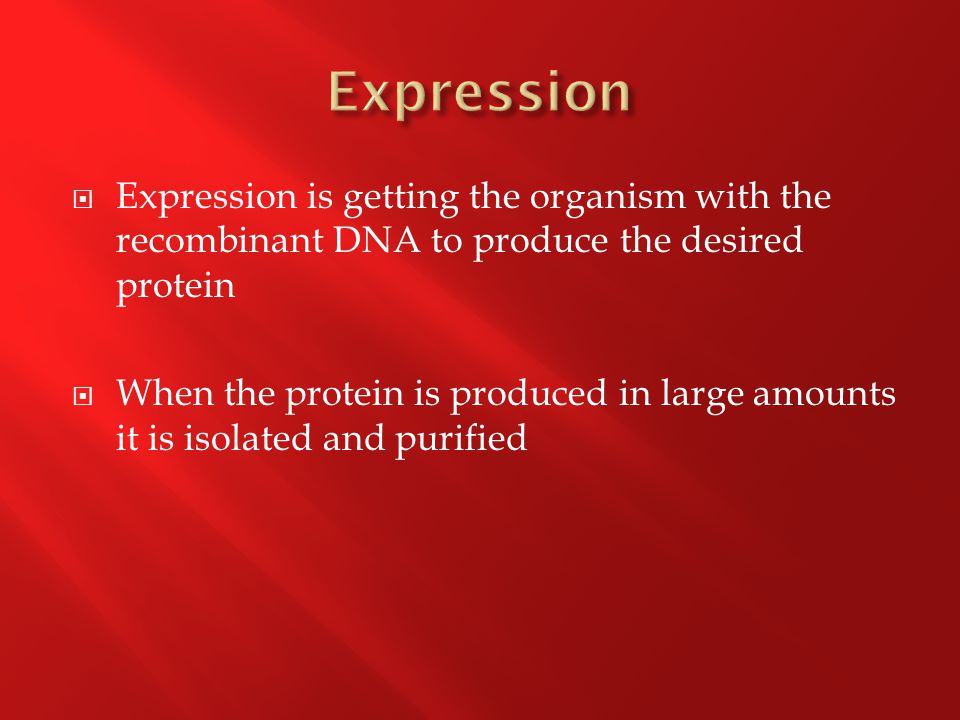  Expression is getting the organism with the recombinant DNA to produce the desired protein  When the protein is produced in large amounts it is isolated and purified