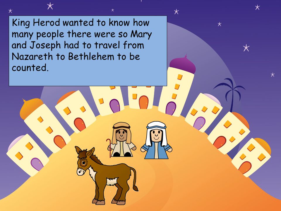 Choose your characters and drag them onto the slide King Herod wanted to know how many people there were so Mary and Joseph had to travel from Nazareth to Bethlehem to be counted.