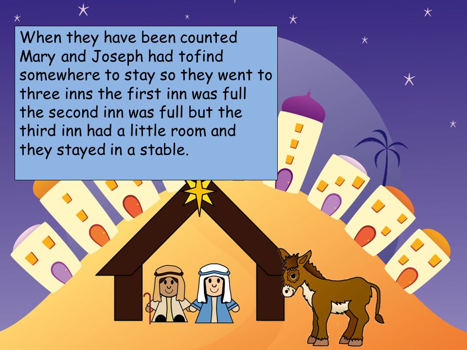 Choose your characters and drag them onto the slide When they have been counted Mary and Joseph had tofind somewhere to stay so they went to three inns the first inn was full the second inn was full but the third inn had a little room and they stayed in a stable.