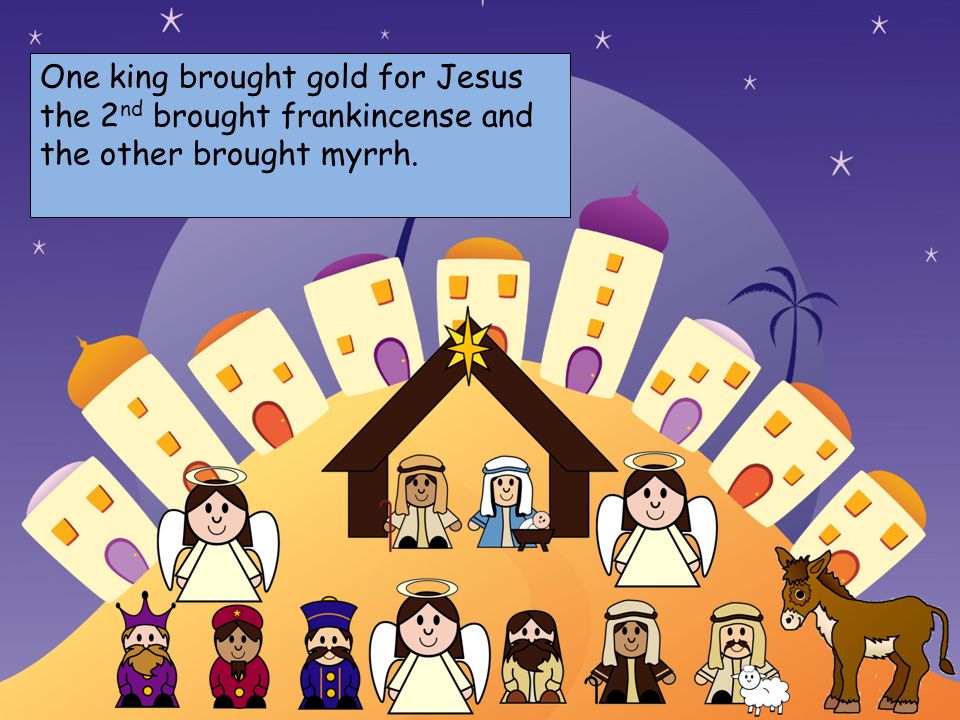 Choose your characters and drag them onto the slide One king brought gold for Jesus the 2 nd brought frankincense and the other brought myrrh.