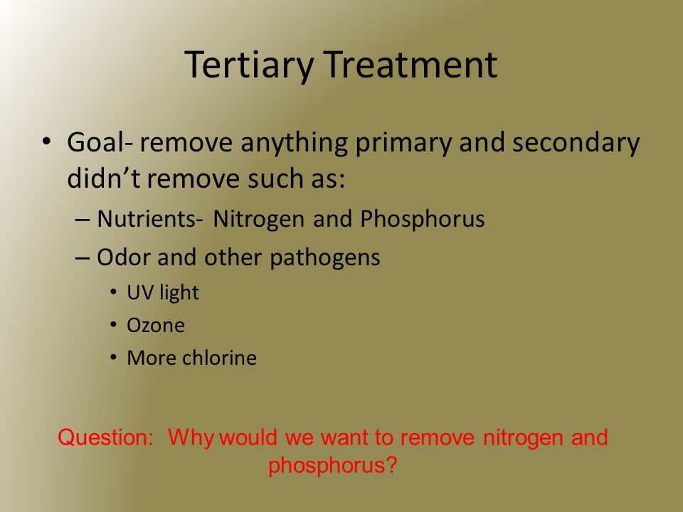 Tertiary Treatment Goal- remove anything primary and secondary didn’t remove such as: – Nutrients- Nitrogen and Phosphorus – Odor and other pathogens UV light Ozone More chlorine Question: Why would we want to remove nitrogen and phosphorus