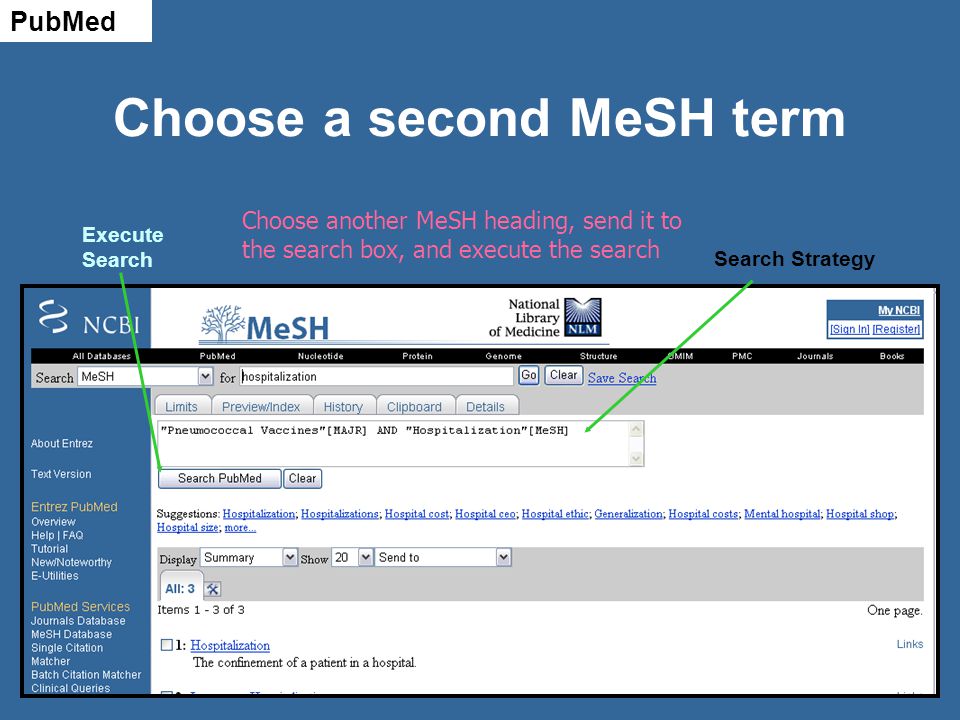 Choose a second MeSH term Search Strategy Execute Search Choose another MeSH heading, send it to the search box, and execute the search PubMed