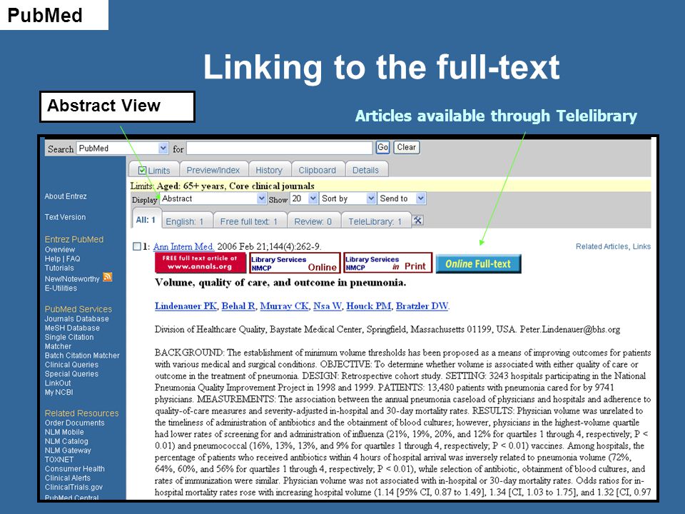 Linking to the full-text Articles available through Telelibrary PubMed Abstract View