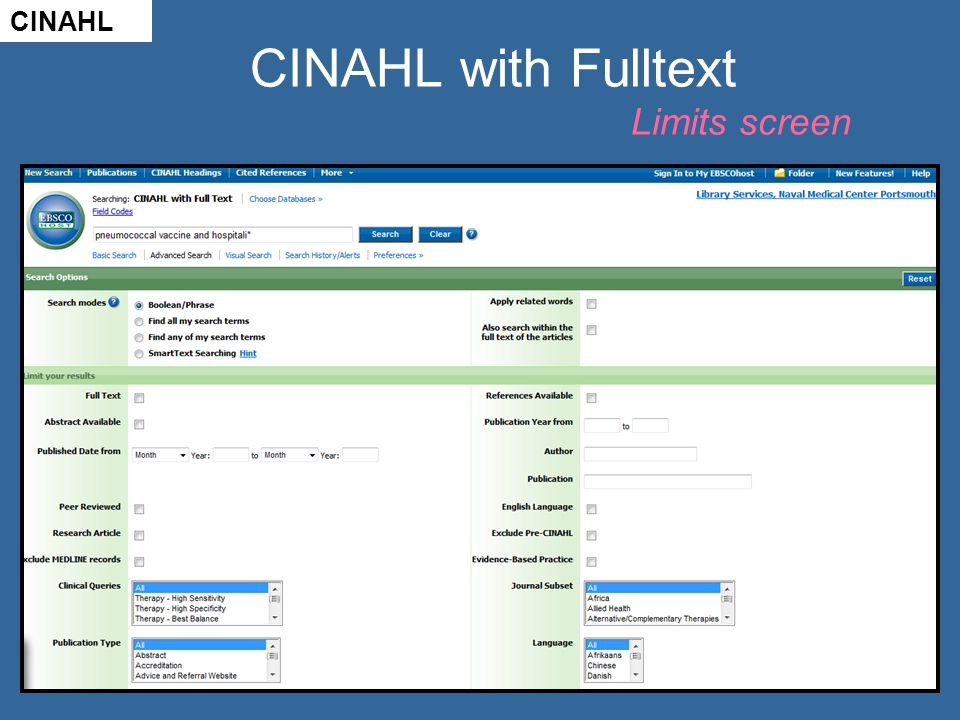 CINAHL with Fulltext Limits screen CINAHL