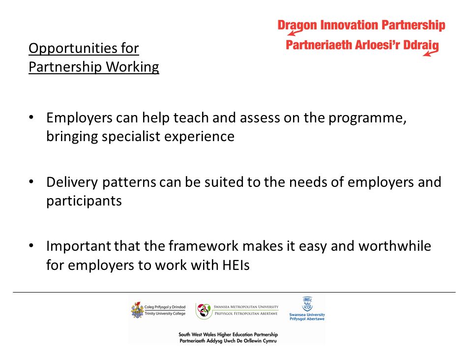 Opportunities for Partnership Working Employers can help teach and assess on the programme, bringing specialist experience Delivery patterns can be suited to the needs of employers and participants Important that the framework makes it easy and worthwhile for employers to work with HEIs