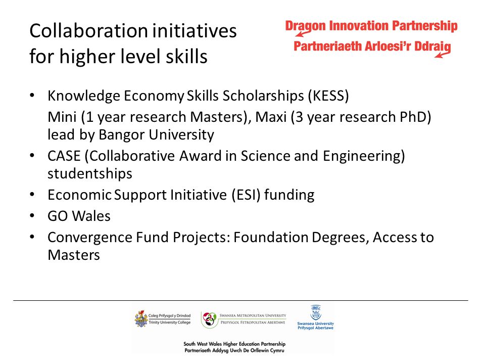 Collaboration initiatives for higher level skills Knowledge Economy Skills Scholarships (KESS) Mini (1 year research Masters), Maxi (3 year research PhD) lead by Bangor University CASE (Collaborative Award in Science and Engineering) studentships Economic Support Initiative (ESI) funding GO Wales Convergence Fund Projects: Foundation Degrees, Access to Masters