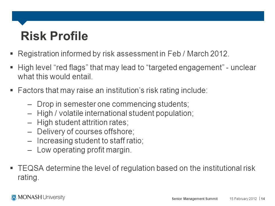 Risk Profile  Registration informed by risk assessment in Feb / March 2012.