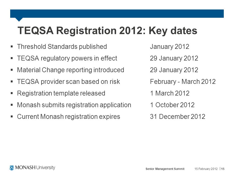 TEQSA Registration 2012: Key dates  Threshold Standards publishedJanuary 2012  TEQSA regulatory powers in effect29 January 2012  Material Change reporting introduced29 January 2012  TEQSA provider scan based on riskFebruary - March 2012  Registration template released1 March 2012  Monash submits registration application1 October 2012  Current Monash registration expires31 December February 2012Senior Management Summit15