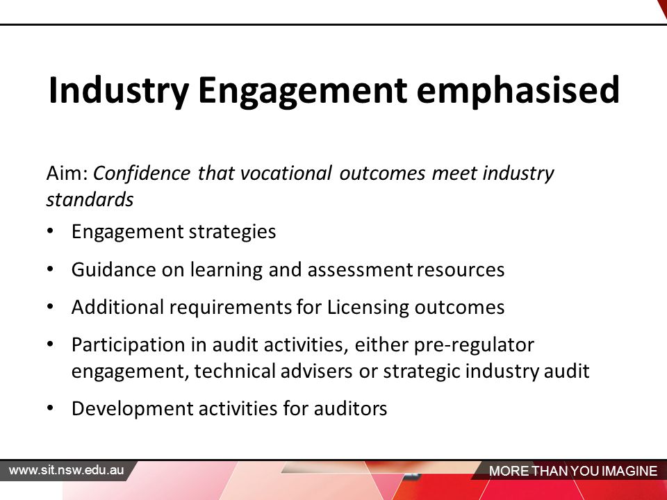 MORE THAN YOU IMAGINE   Industry Engagement emphasised Aim: Confidence that vocational outcomes meet industry standards Engagement strategies Guidance on learning and assessment resources Additional requirements for Licensing outcomes Participation in audit activities, either pre‐regulator engagement, technical advisers or strategic industry audit Development activities for auditors