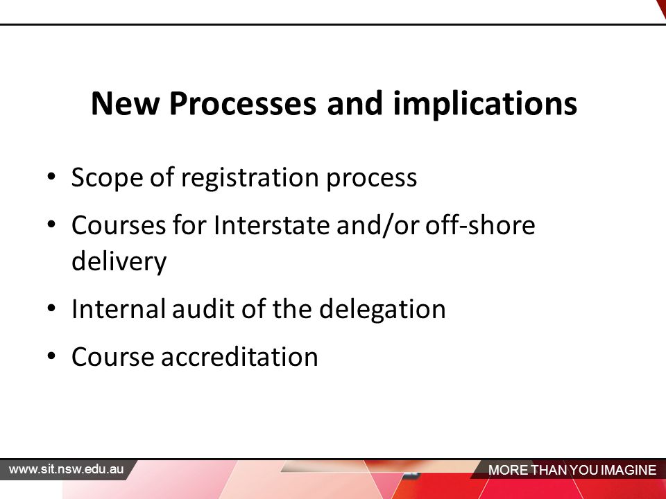 MORE THAN YOU IMAGINE   New Processes and implications Scope of registration process Courses for Interstate and/or off-shore delivery Internal audit of the delegation Course accreditation