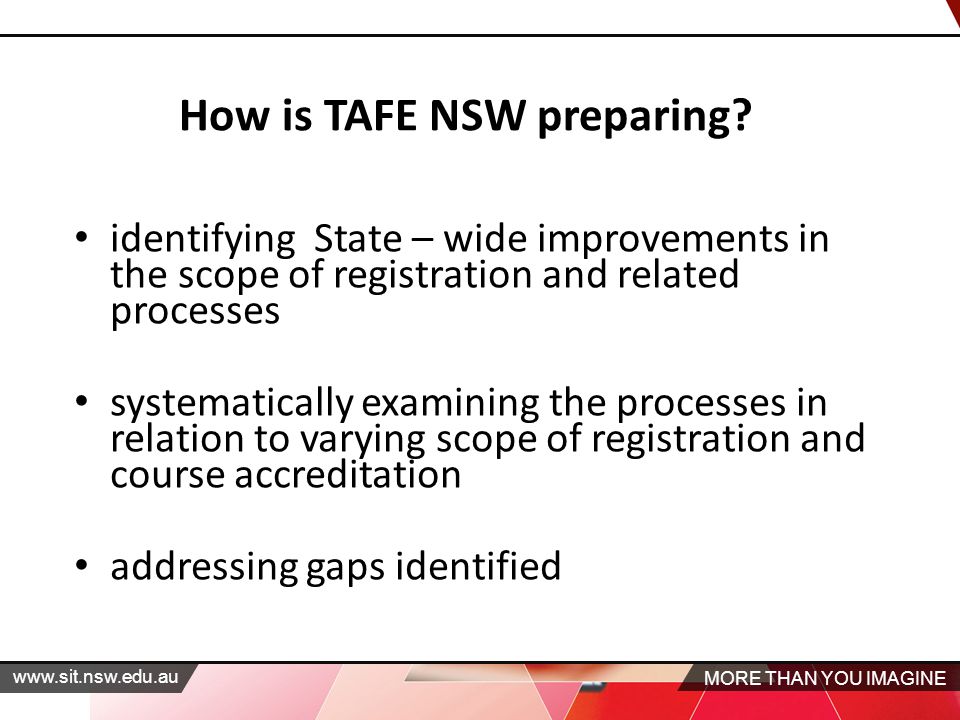 MORE THAN YOU IMAGINE   identifying State – wide improvements in the scope of registration and related processes systematically examining the processes in relation to varying scope of registration and course accreditation addressing gaps identified How is TAFE NSW preparing