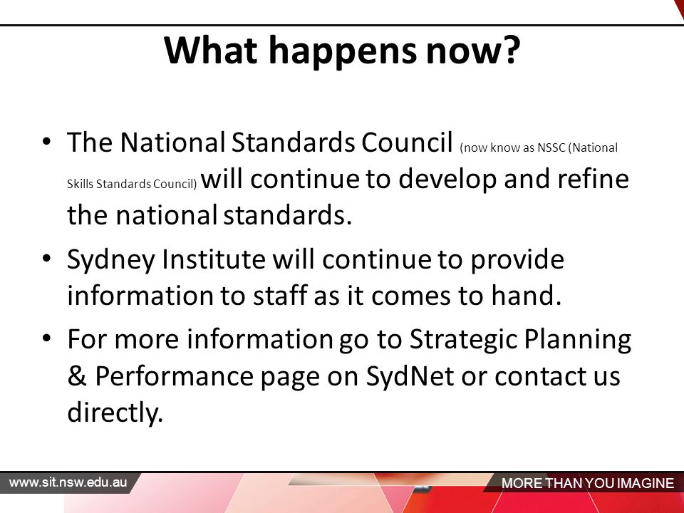 MORE THAN YOU IMAGINE   The National Standards Council (now know as NSSC (National Skills Standards Council) will continue to develop and refine the national standards.