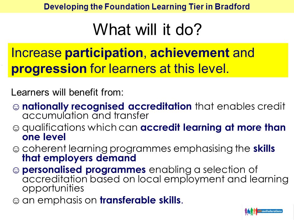 Developing the Foundation Learning Tier in Bradford What will it do.