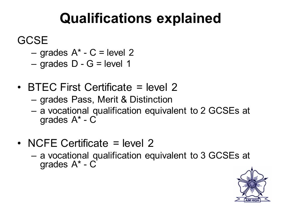 Qualifications explained GCSE –grades A* - C = level 2 –grades D - G = level 1 BTEC First Certificate = level 2 –grades Pass, Merit & Distinction –a vocational qualification equivalent to 2 GCSEs at grades A* - C NCFE Certificate = level 2 –a vocational qualification equivalent to 3 GCSEs at grades A* - C