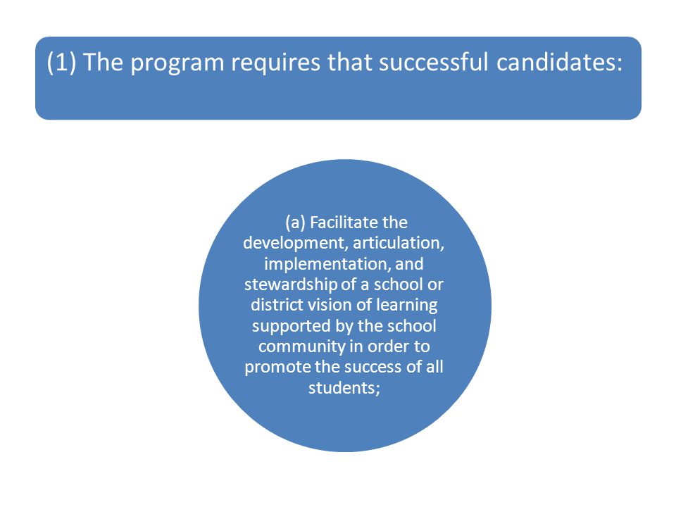 (1) The program requires that successful candidates: (a) Facilitate the development, articulation, implementation, and stewardship of a school or district vision of learning supported by the school community in order to promote the success of all students;