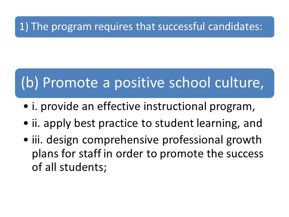 1) The program requires that successful candidates: (b) Promote a positive school culture, i.