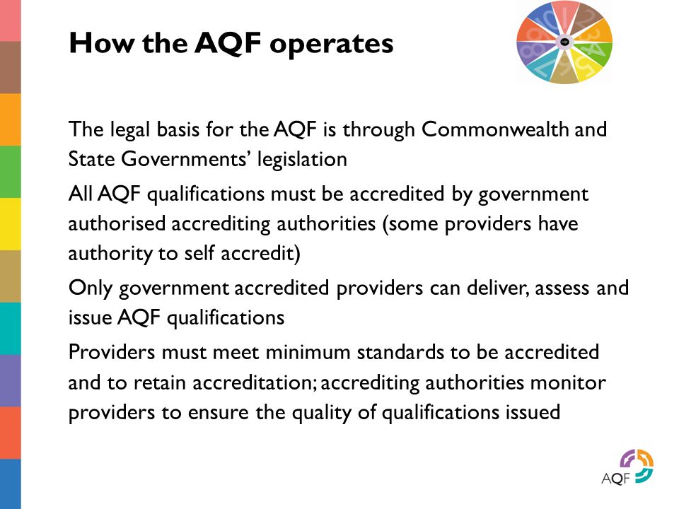 How the AQF operates The legal basis for the AQF is through Commonwealth and State Governments’ legislation All AQF qualifications must be accredited by government authorised accrediting authorities (some providers have authority to self accredit) Only government accredited providers can deliver, assess and issue AQF qualifications Providers must meet minimum standards to be accredited and to retain accreditation; accrediting authorities monitor providers to ensure the quality of qualifications issued