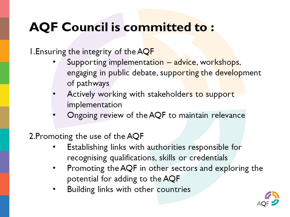 AQF Council is committed to : 1.Ensuring the integrity of the AQF Supporting implementation – advice, workshops, engaging in public debate, supporting the development of pathways Actively working with stakeholders to support implementation Ongoing review of the AQF to maintain relevance 2.Promoting the use of the AQF Establishing links with authorities responsible for recognising qualifications, skills or credentials Promoting the AQF in other sectors and exploring the potential for adding to the AQF Building links with other countries