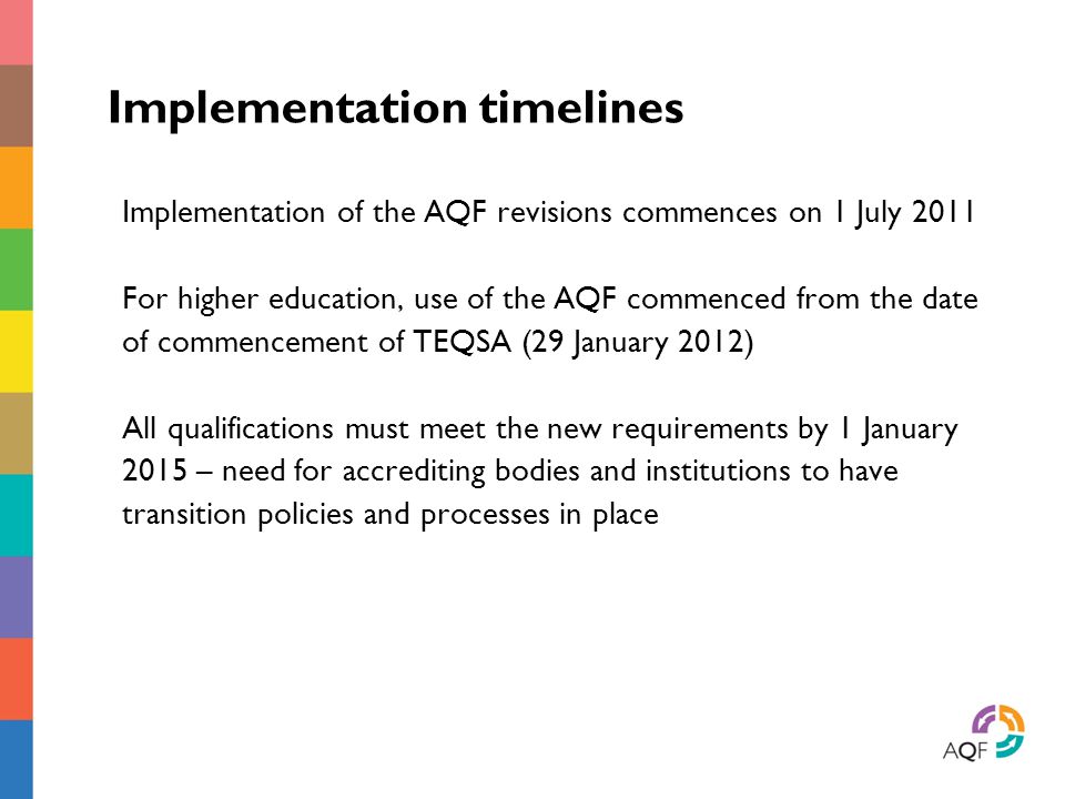 Implementation timelines Implementation of the AQF revisions commences on 1 July 2011 For higher education, use of the AQF commenced from the date of commencement of TEQSA (29 January 2012) All qualifications must meet the new requirements by 1 January 2015 – need for accrediting bodies and institutions to have transition policies and processes in place
