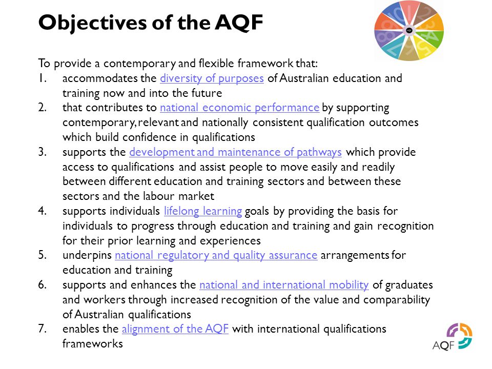 Objectives of the AQF To provide a contemporary and flexible framework that: 1.accommodates the diversity of purposes of Australian education and training now and into the future 2.that contributes to national economic performance by supporting contemporary, relevant and nationally consistent qualification outcomes which build confidence in qualifications 3.supports the development and maintenance of pathways which provide access to qualifications and assist people to move easily and readily between different education and training sectors and between these sectors and the labour market 4.supports individuals lifelong learning goals by providing the basis for individuals to progress through education and training and gain recognition for their prior learning and experiences 5.underpins national regulatory and quality assurance arrangements for education and training 6.supports and enhances the national and international mobility of graduates and workers through increased recognition of the value and comparability of Australian qualifications 7.enables the alignment of the AQF with international qualifications frameworks