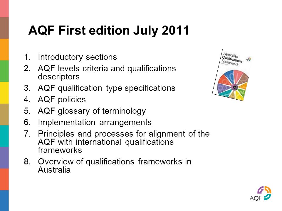 AQF First edition July Introductory sections 2.AQF levels criteria and qualifications descriptors 3.AQF qualification type specifications 4.AQF policies 5.AQF glossary of terminology 6.Implementation arrangements 7.Principles and processes for alignment of the AQF with international qualifications frameworks 8.Overview of qualifications frameworks in Australia