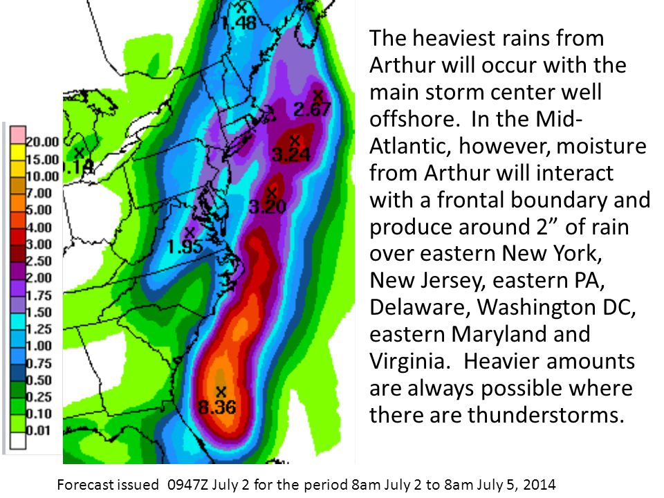 The heaviest rains from Arthur will occur with the main storm center well offshore.