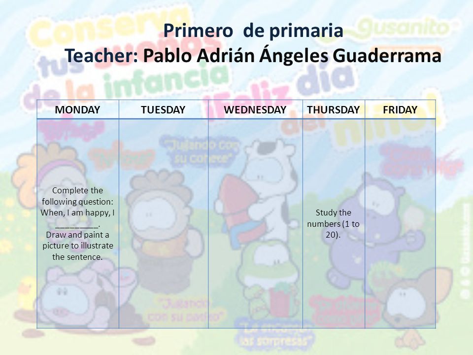 Primero de primaria Teacher: Pablo Adrián Ángeles Guaderrama MONDAYTUESDAY WEDNESDAY THURSDAYFRIDAY Complete the following question: When, I am happy, I _________.