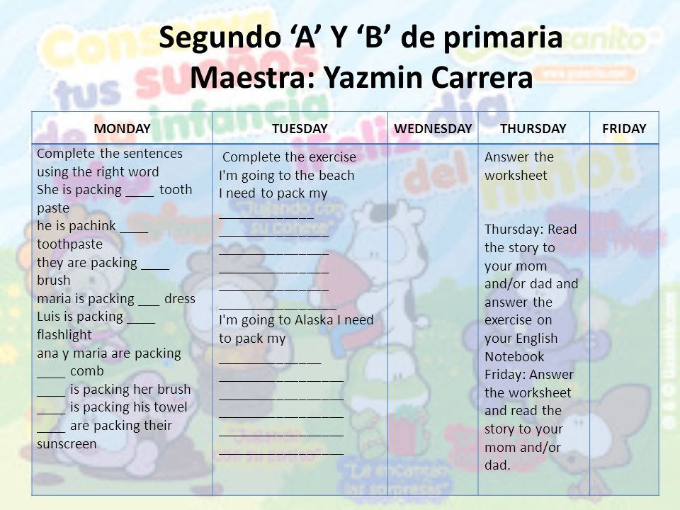 Segundo ‘A’ Y ‘B’ de primaria Maestra: Yazmin Carrera MONDAYTUESDAY WEDNESDAY THURSDAYFRIDAY Complete the sentences using the right word She is packing ____ tooth paste he is pachink ____ toothpaste they are packing ____ brush maria is packing ___ dress Luis is packing ____ flashlight ana y maria are packing ____ comb ____ is packing her brush ____ is packing his towel ____ are packing their sunscreen Complete the exercise I m going to the beach I need to pack my _____________ _______________ ________________ I m going to Alaska I need to pack my ______________ _________________ Answer the worksheet Thursday: Read the story to your mom and/or dad and answer the exercise on your English Notebook Friday: Answer the worksheet and read the story to your mom and/or dad.