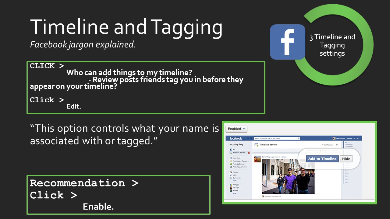 3.Timeline and Tagging settings Timeline and Tagging Facebook jargon explained.