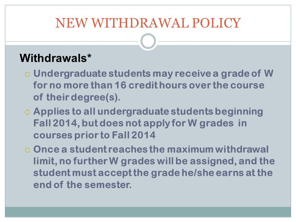 NEW WITHDRAWAL POLICY Withdrawals*  Undergraduate students may receive a grade of W for no more than 16 credit hours over the course of their degree(s).