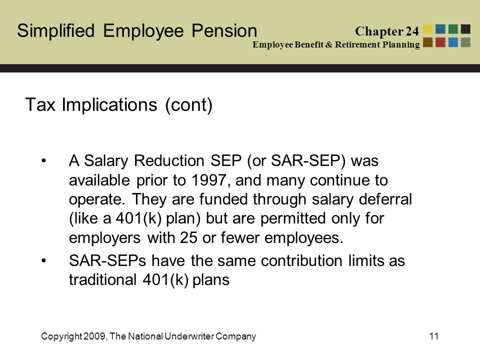 Simplified Employee Pension Chapter 24 Employee Benefit & Retirement Planning Copyright 2009, The National Underwriter Company11 Tax Implications (cont) A Salary Reduction SEP (or SAR-SEP) was available prior to 1997, and many continue to operate.
