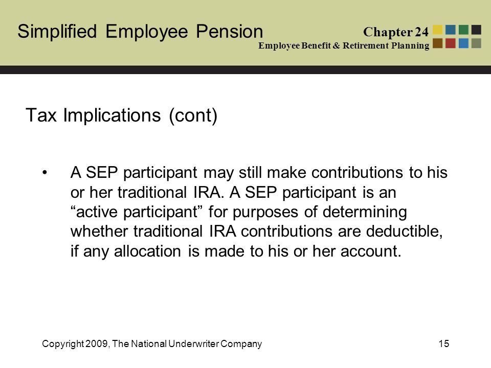 Simplified Employee Pension Chapter 24 Employee Benefit & Retirement Planning Copyright 2009, The National Underwriter Company15 Tax Implications (cont) A SEP participant may still make contributions to his or her traditional IRA.