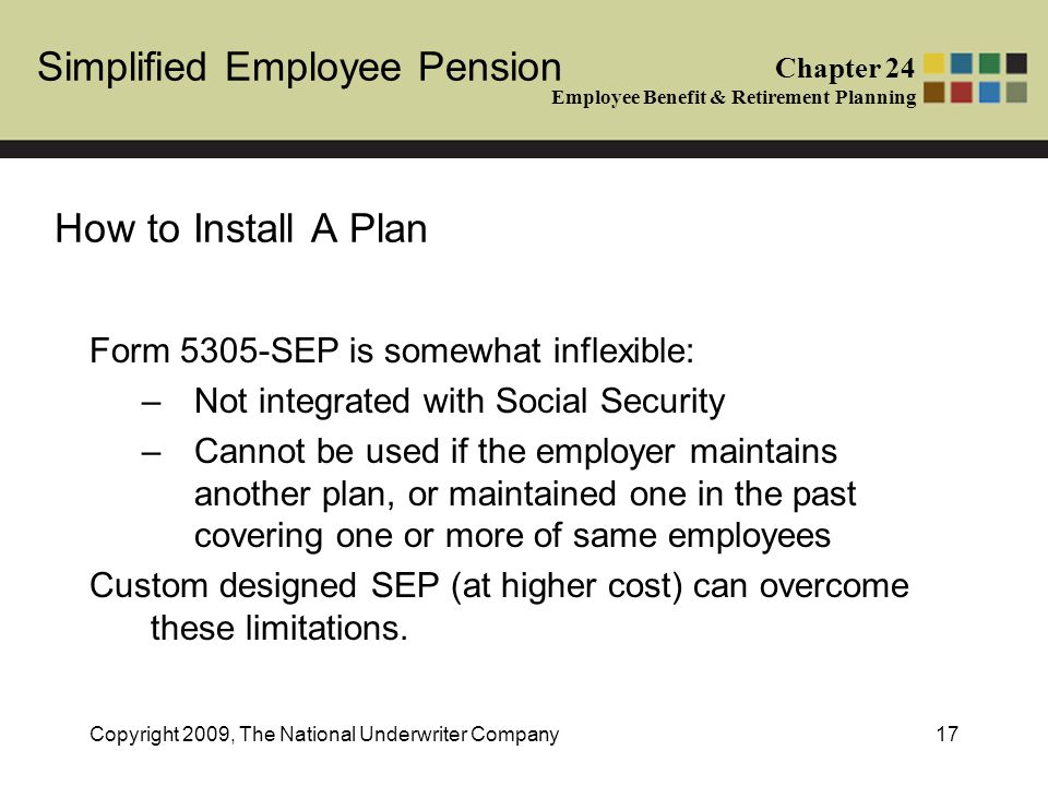 Simplified Employee Pension Chapter 24 Employee Benefit & Retirement Planning Copyright 2009, The National Underwriter Company17 How to Install A Plan Form 5305-SEP is somewhat inflexible: –Not integrated with Social Security –Cannot be used if the employer maintains another plan, or maintained one in the past covering one or more of same employees Custom designed SEP (at higher cost) can overcome these limitations.
