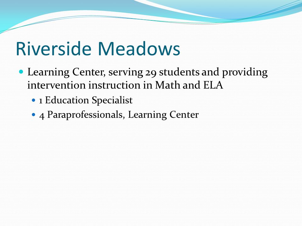 Cobblestone Learning Center, serving 10 students (5 pending assessment) and providing intervention/enrichment 1 Education Specialist 2 Paraprofessionals, Learning Center