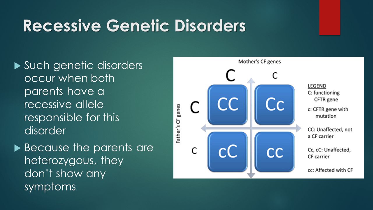 Recessive Genetic Disorders  Such genetic disorders occur when both parents have a recessive allele responsible for this disorder  Because the parents are heterozygous, they don’t show any symptoms