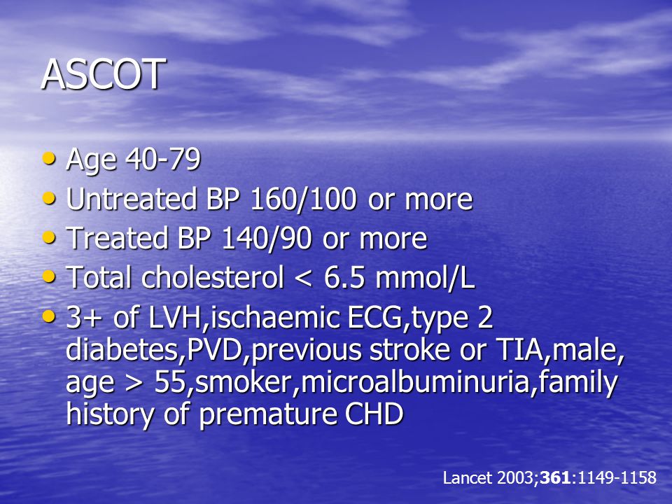 ASCOT Age Age Untreated BP 160/100 or more Untreated BP 160/100 or more Treated BP 140/90 or more Treated BP 140/90 or more Total cholesterol < 6.5 mmol/L Total cholesterol < 6.5 mmol/L 3+ of LVH,ischaemic ECG,type 2 diabetes,PVD,previous stroke or TIA,male, age > 55,smoker,microalbuminuria,family history of premature CHD 3+ of LVH,ischaemic ECG,type 2 diabetes,PVD,previous stroke or TIA,male, age > 55,smoker,microalbuminuria,family history of premature CHD Lancet 2003;361: