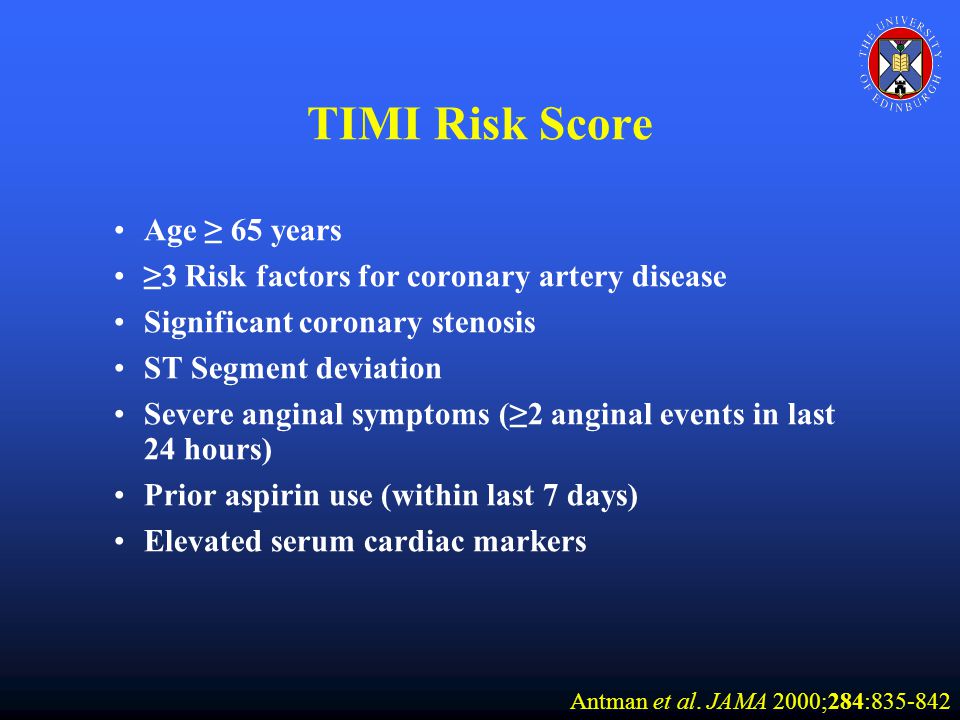 TIMI Risk Score Age ≥ 65 years ≥3 Risk factors for coronary artery disease Significant coronary stenosis ST Segment deviation Severe anginal symptoms (≥2 anginal events in last 24 hours) Prior aspirin use (within last 7 days) Elevated serum cardiac markers Antman et al.