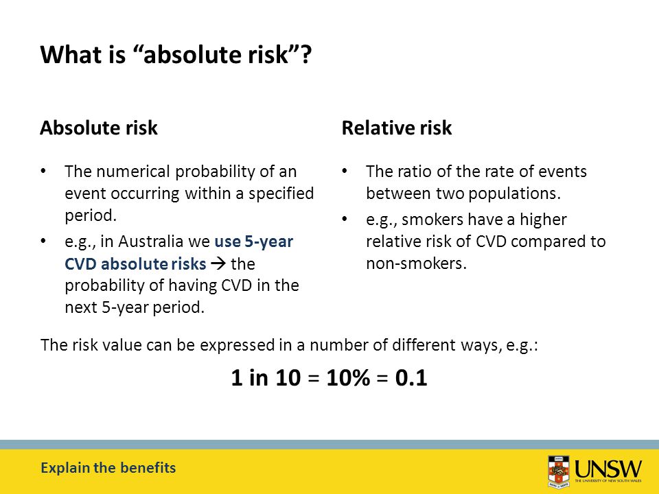 Absolute risk The numerical probability of an event occurring within a specified period.