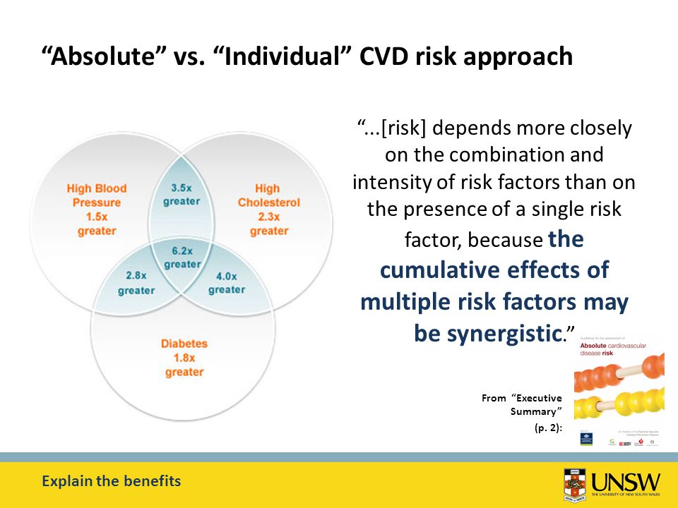 ...[risk] depends more closely on the combination and intensity of risk factors than on the presence of a single risk factor, because the cumulative effects of multiple risk factors may be synergistic. Absolute vs.