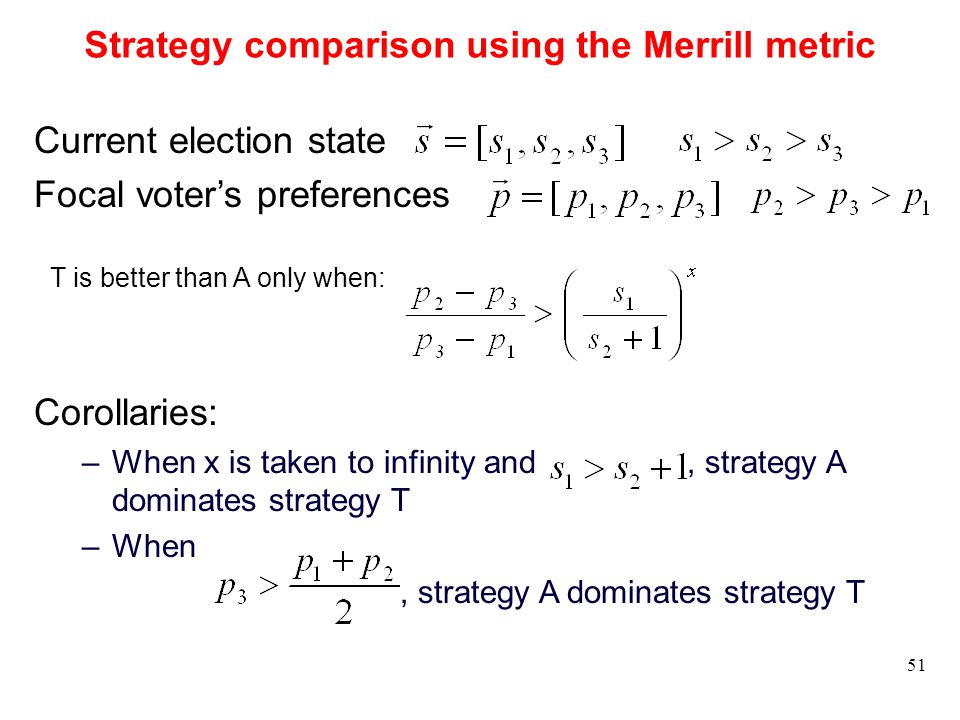 51 Strategy comparison using the Merrill metric Current election state Focal voter’s preferences Corollaries: –When x is taken to infinity and, strategy A dominates strategy T –When, strategy A dominates strategy T T is better than A only when: