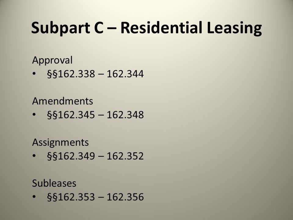 4 Approval §§ – Amendments §§ – Assignments §§ – Subleases §§ – Subpart C – Residential Leasing