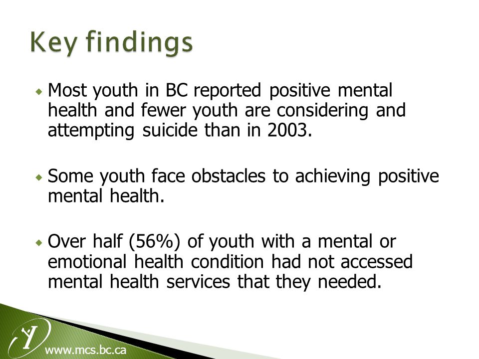  Most youth in BC reported positive mental health and fewer youth are considering and attempting suicide than in 2003.