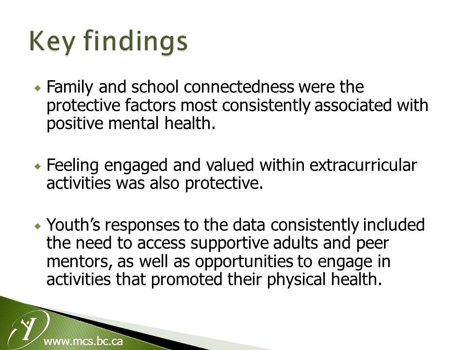  Family and school connectedness were the protective factors most consistently associated with positive mental health.