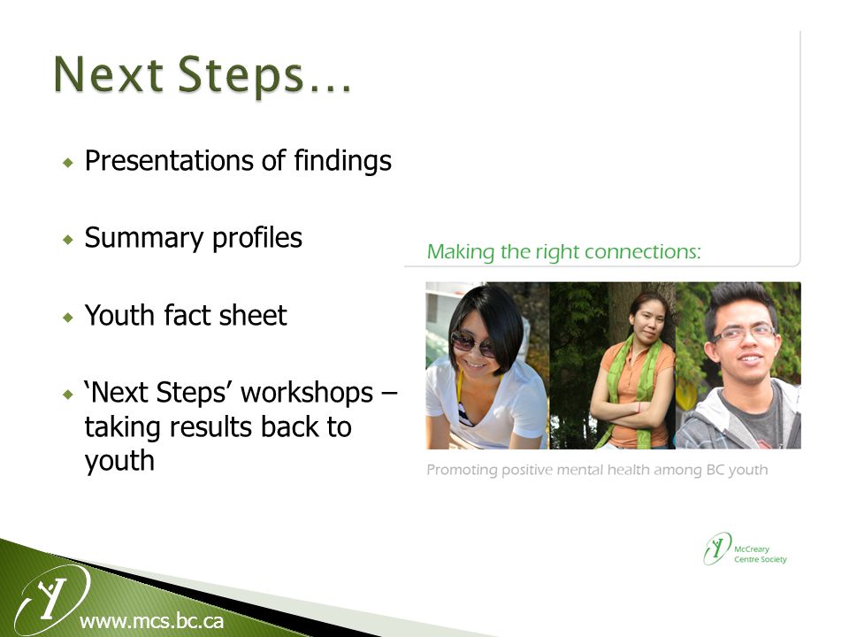  Presentations of findings  Summary profiles  Youth fact sheet  ‘Next Steps’ workshops – taking results back to youth