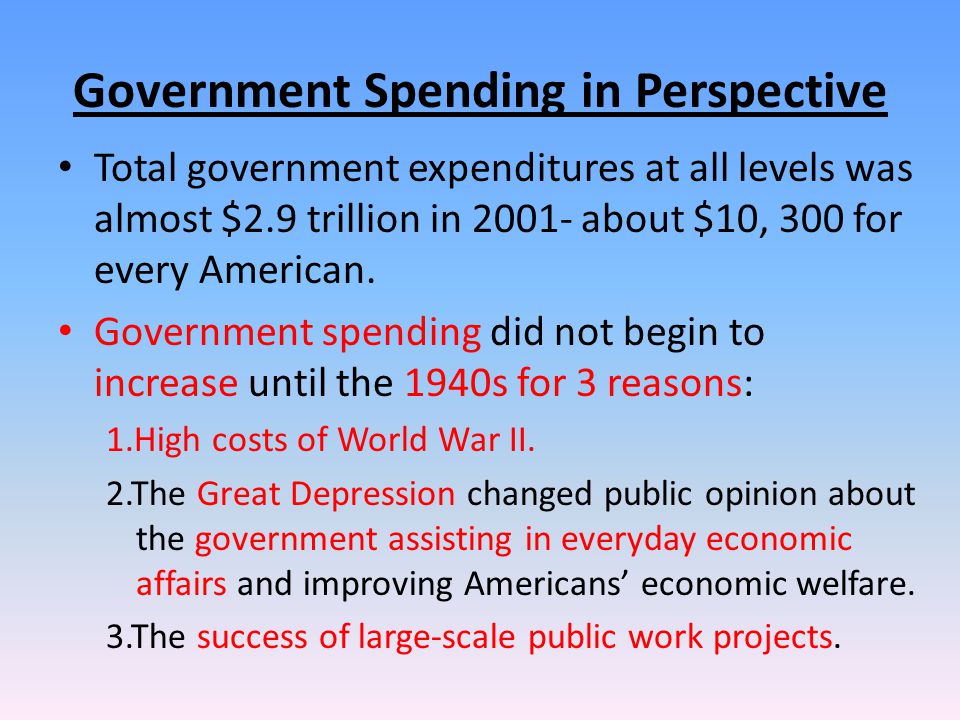 Government Spending in Perspective Total government expenditures at all levels was almost $2.9 trillion in about $10, 300 for every American.